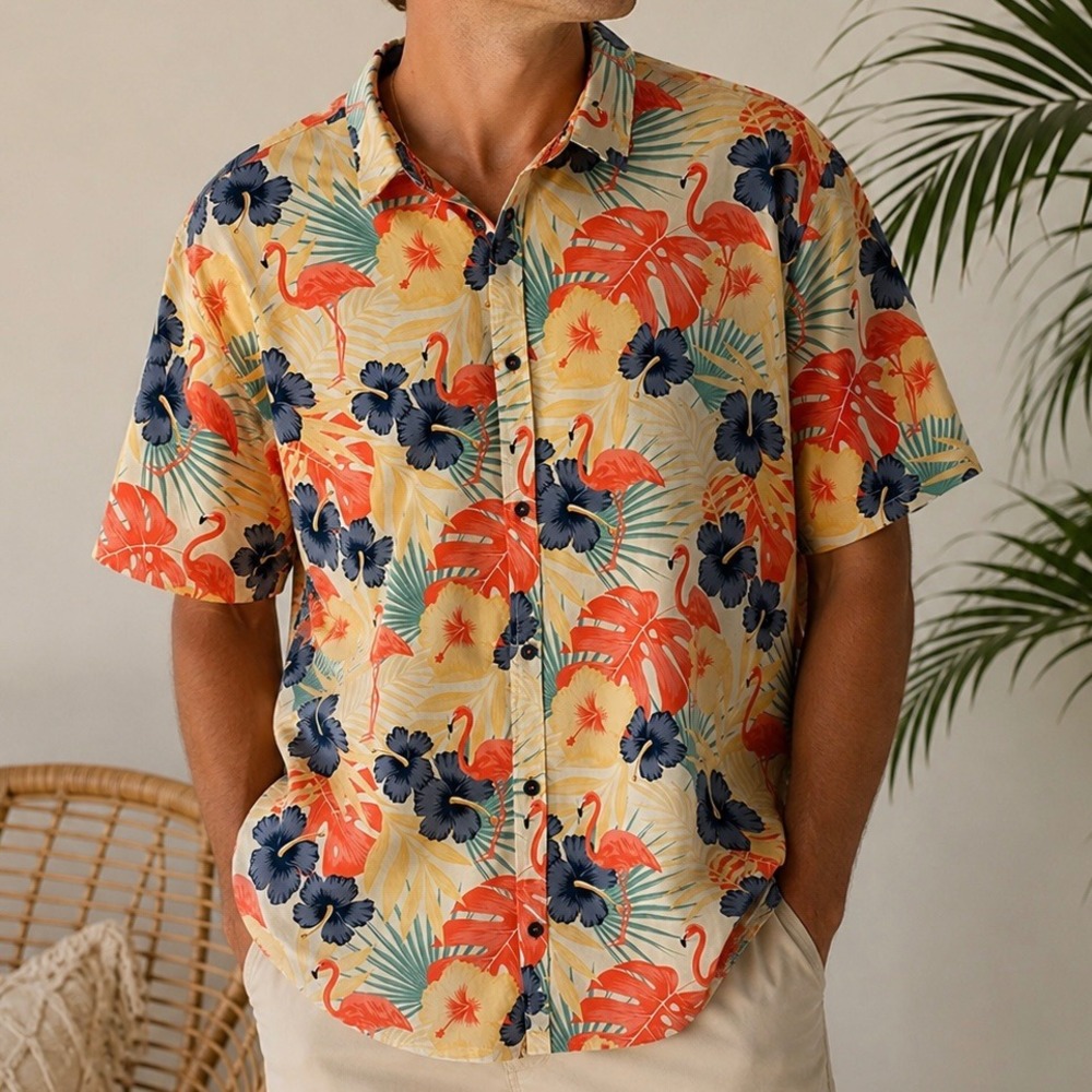 Departwest Performance Flamingo Hawaiian Shirt Men's 2XL Tropical Button Up